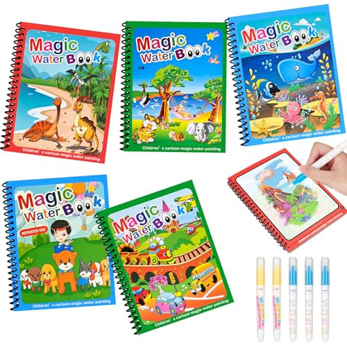 Januts 5 Stück Wassermalbuch Tierthema Wasser malbuch Wiederverwendbares Doodle Buch mit Zauberstift Wasser Malbuch Magie Wasser Zeichnung Buch Magisches Malbücher Set fü Kinder Weihnachten Geschenk