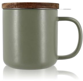 OGO LIVING - Tisanière Juliet vert amande 300ml - Idéale pour le thé et la tisane - Mug à thé en grès et couvercle en bois d'acacia