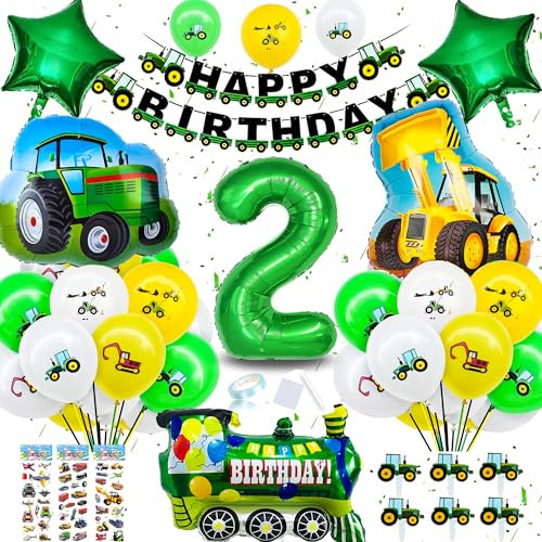 NAOLIU Traktor Geburtstagsdeko 2 Jahre Junge, Traktor Deko 2. Geburtstag Junge, Traktor Luftballon Set mit Tortendeko Traktor, Geburtstagsdeko Jungen für Traktor Kindergeburtstag Party Deko