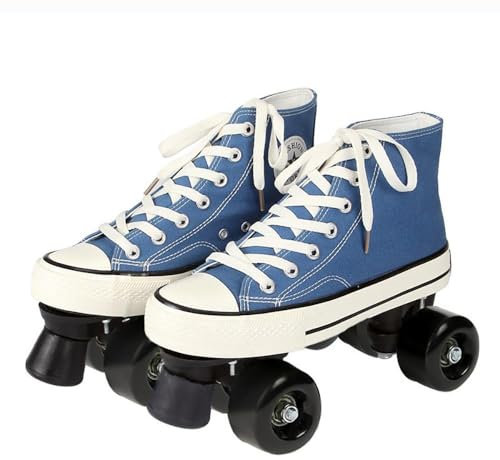 Rollschuhe Erwachsene Herren Und Damen Vierrad Rollschuhe, Canvas Zweireihige Rollschuhe Räder, Discoroller Erwachsene Komfortable Rollerskates Quad Skating Outdoor,Blue-44 EU