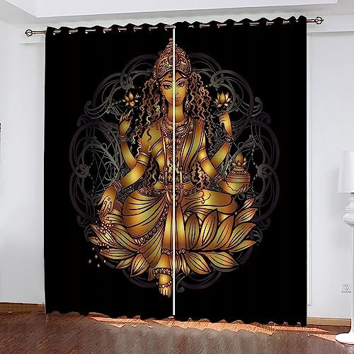 Kinder Vorhänge Schlafzimmer Goldenes Buddha-Muster 220 X 215 cm Schiebegardinen Blickdichter Bedroom Children's Room Vorhang Mit Ösen Verdunkelungsgardine, Vorhänge 3D Wohnzimmer 2 X -6V6S-T2