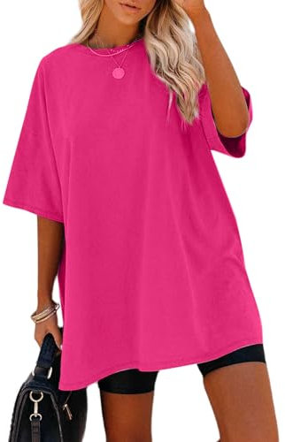 Sofia's Choice Damen Oversize Kurzarm T Shirt Rundhals Loose Top Casual Sommer Oberteile Rosa Rot L