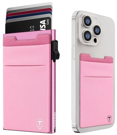TOYFID Roséfarbenes Aluminium Pop-up Slim Card Wallet, RFID | Pop-up-Kartenhalter mit Geldscheinfach. Lycra-Bezug. Bonus-Tuch. Automatischer Auswurf. RFID-Schutz.