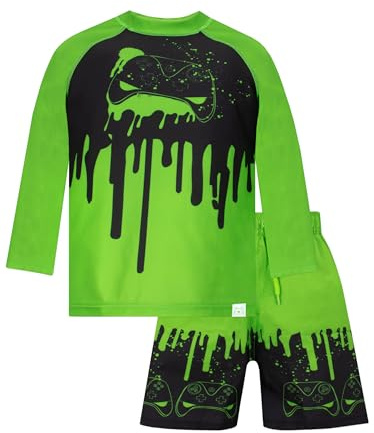 Harry Bear Boys Swimming Costume | Gaming Boys Swim Set | 2 Piece Kids Swimsuit | Green 7-8 Years