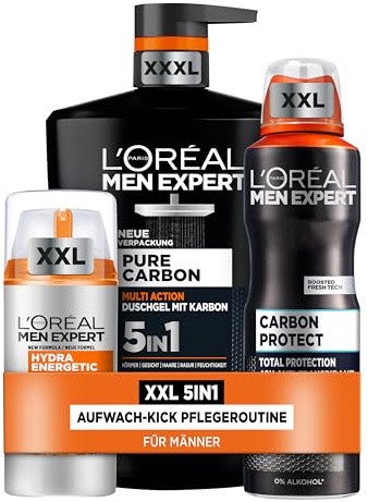 L'Oréal Men Expert 5in1 Pflegeset für Männer, Mit XXXL Duschgel, XXL Gesichtscreme und XXL Deospray, Set für Herren mit Vitamin C und Karbon, Hydra Energy, Pure Carbon, 3-teilig