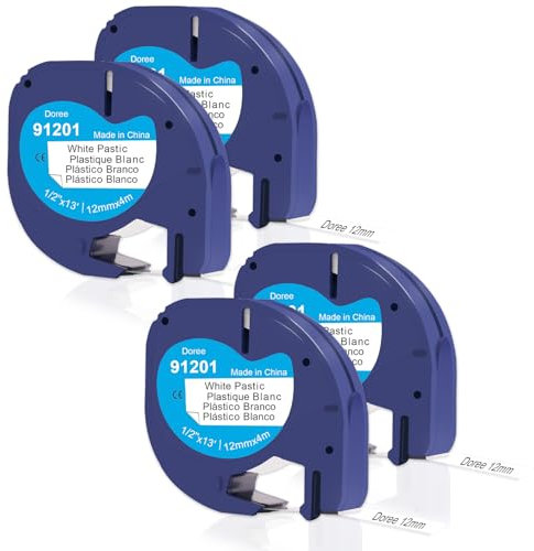 DOREE 4er Pack Kompatibles Letratag 91221/S0721660/91201,12 mm x 4 m, Schwarz auf Weiß,Hochgradig wasserfestes kunststoff Letratag band,Kompatibel mit Dymo Letratag LT-100H LT-100T XR 200B