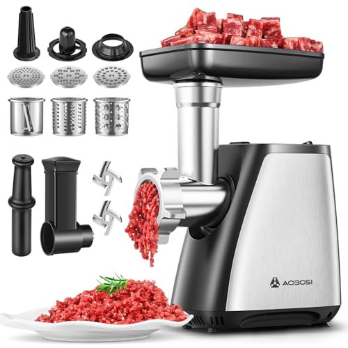 AAOBOSI Electric Meat Grinder, 4-in-1 Meat Mincer Machine [2800W Max] with 3 Slice, Shred Blades, 2 Blades, 3 Plates, Sausage Stuffer, Kubbe Kit, for Home Kitchen Use, Sliver