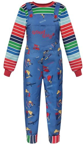 Windskids Chucky Kostüm Erwachsene Fasching Cosplay Horror Puppen Chucky Outfit Gestreiftes Top und Riemchenhose für Unisex Fancy Dress Up Halloween Karneval Party Maskerade Verkleidung Costume