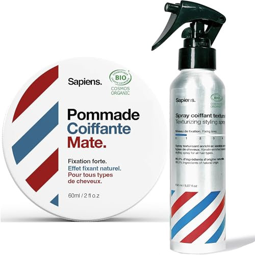 Sapiens Barbershop Kit de Coiffage Bio - Pommade Coiffante 60 g + Sea Salt Spray 150 ml - Effet Mat et Naturel - Fabriqué en France - Produits Coiffants de Qualité Professionnelle