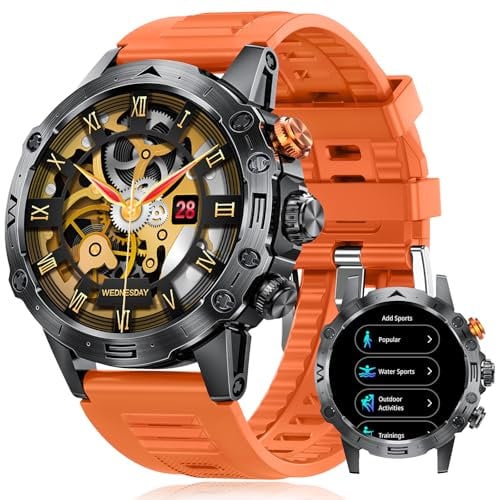 DekeFit Montre Connectée Homme Militaire, 1.53'' IPS Smartwatch avec Appel Bluetooth, IP68 Étanche, 120+ Sportifs Podomètre, Fréquence Cardiaque, Sommeil, SpO2 Moniteur pour Android iOS, Noir Orange