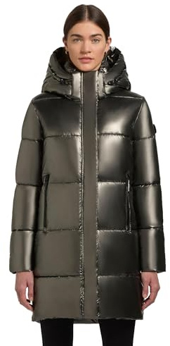 khujo Damen Wintermantel in glänzender Optik warmer wasserdichter Steppmantel lang mit abnehmbarer Kapuze Haya Shiny-YM XS-XXL