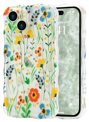 Micoden Cute Curly Wave Case for iPhone 15 Plus,Clear with Anti-Yellowing Flower Floral,Soft TPU Slim Bumper Shockproof Anti-Scratch Protective Wavy Cover for Girls Women-Orange