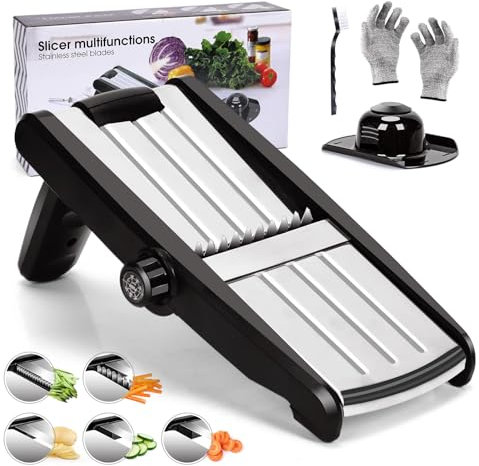 Myiosus Mandoline Gemüsehobel, 5-In-1 Verstellbar Gemüsehobel Edelstahl mit Schnittfesten Handschuhen und 1 Reinigungsbürste, Multifunktion KücheCnhobel für Kartoffeln, Tomaten, Obst, Hobel Küche