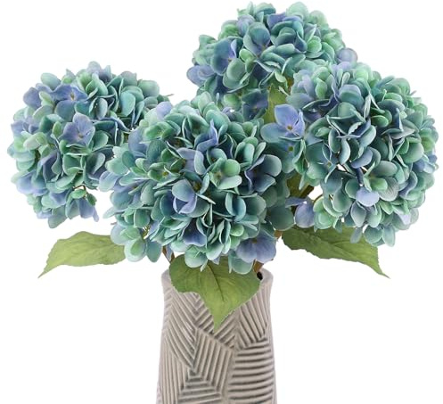 mizii Künstliche Hortensien, große Hortensien, aus Seide mit Blättern, Stielen, realistische künstliche Hortensien, Dekorationen für Hochzeit, Tischdekoration, Vase, Heimdekoration, Himmelblau, 4
