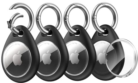 UNBREAKcable Porte-clé pour Apple AirTag [Ajustement Parfait & Sécurisé] [Installation Facile] [Protection 360°] - Coque Étanche en TPU avec Mousqueton Métallique Robuste, Lot de 4, Noir