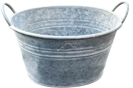 Alfie Francis 38.5cm W x 24cm H Oval Galvanised Zinc Metal Garden Planter with Handles Outdoor Plant Pot Vintage Ribbed Barrel Tub Decoration