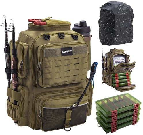 Goture Angelrucksack mit 4 Köderbox Angeln, 45-Liter Angelzubehör-Rucksack mit Zwei Rutenhaltern und Regenschutz, Wasserabweisende Angelgerätetasche mit verstellbarem Fach und 8 Ködertaschen