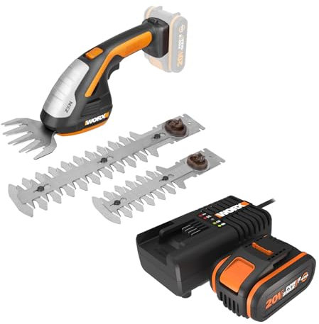 WORX Set Sculpte-Haies et Taille-Herbes sans Fil 20V WG801E.9 + kit Batterie 4Ah, Chargeur Rapide, sculpteur de végétaux, Lame 200 mm, Outil 3 en 1, livré avec Set de 3 Lames et malette de Transport