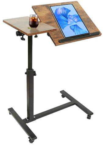 Table de Lit a Roulette, Hauteur Réglable Laptop Support de Souris Séparé, Bureau Debout Mobile, Pliable, 360° Bureau D'ordinateur Levage Rotatif (Brun,60x34.5x58/90cm)