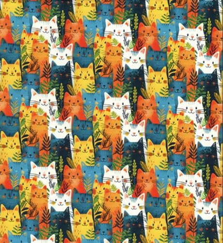 Pyrhan 100% Cotton Poplin by Rose & Hubble | Cute Funny Crazy Sleepy Cats Printed Cotton Fabric by The Metre UK | 114 Cm | Crafting & Dressmaking Fabric | Dress Fabric (Colourful-Floral-CAT)