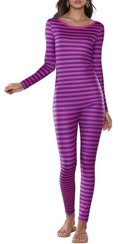Anuedgis Costume da Gatto Cheshire per Donna Carino Rosa Viola a Righe T-Shirt Corta Leggings Jumpsuit Divertente per Halloween Cosplay Carnevale Festa Abiti, S