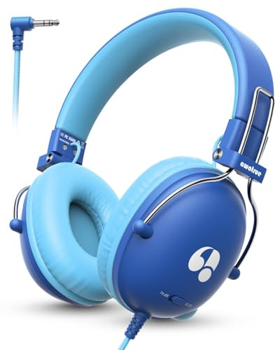 awatrue Kinder Kopfhörer, 74/85dB Lautstärkegrenze Kopfhörer Kinder mit Kabel, Stereo Sound, HD-Ton, 135G Ultraleicht, Faltbare Over Ear Kinderkopfhörer für Schule/Tablet/PC (Blau)