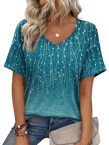 Zeagoo Womens T-Shirts Short Sleeve V Neck Tops Floral Blouses Basic Casual T Shirt Summer Tee Top Size 16 Blue Green
