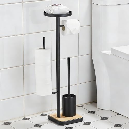 ASKLUND Porte Papier Toilette sur Pied avec Brosse WC Support Papier WC Rangement sans Percage pour 4 Rouleaux, Bois Noir, Circulaire