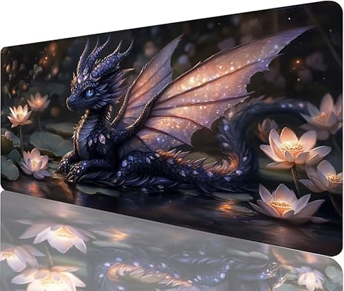 Tapis de Souris Dragon Tapis de Souris Gaming XXL 800x300x3mm, Lotus Mouse Pad Imperméable et Antidérapant Les Bords à Double Couture Assurent Durabilité, Tandis Tissu Microfibre Cadeaux Homme N1-660