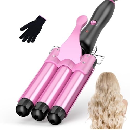 BESTOPE RAY 25mm Welleneisen für Haare, Lockenstab 3 Fässer Beach Wave, Kleine Locken Keramik Lockeneisen, 2 Temperaturen(150-210°C) Schnelle Erwärmung mit Handschuh