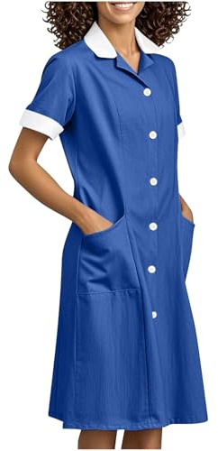 Robe D'Infirmière Femme Col en Revers Manche Courte Panneau à Carreaux Couleur Unie avec Deux Poches Uniforme de Travail Tenue Aide Soignante Professionnelle Vêtement Chic et Élégante Été Respirant