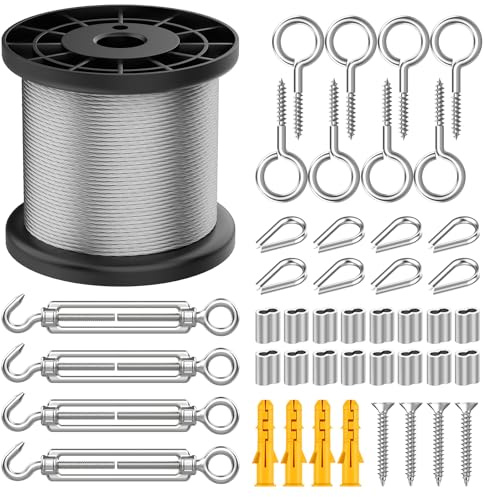 304 Stainless Steel Garden Wire Kit 50M with M5 Turnbuckle – Wire Rope Kit for Climbing Plants, Rose Wisteria Support, String Lights Patio Hanging, Deck Cable Railing & Clotheslines