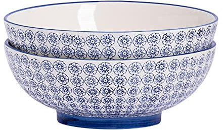 Nicola Spring Fruit and Salad Bowl - Navy - 30cm - Pack of 2 - Hand Printed Floral China Large Bowl Serving Bowls for Fruit, Dessert, Salad, Noodles, Soup, Pasta, Snacks