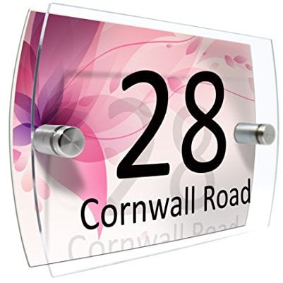 Personalised House Number Sign Printed Plaque Garden Glass Effect Acrylic Sign Door Plate Marble Wall Display 2 Part Branded Acrylic (Floral Abstract)