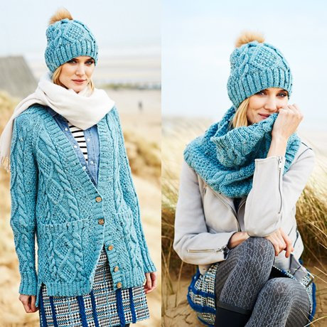 Aran Knitting Pattern Stylecraft 9554-3 Designs for Cardigan, Snood & Hat Sizes 32/34 - 48/50 Bust