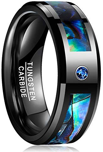 Vakki Herren Damen Wolframcarbid Ring aus Zirkon 8mm Schwarz Abalone Muschel Ring Freundschaftsring Bestes Geburtstagsgeschenk Größe 62(19.7)