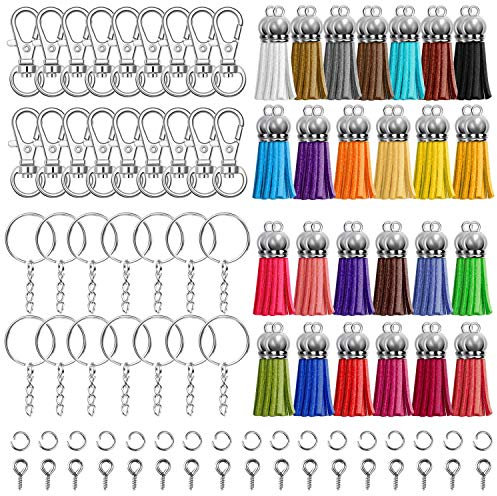 Keychain Tassles, Cridoz 300pcs Bulk Keychains Ring Set Includes 50pcs Tassels, 50pcs Keychain Clips, 50pcs Key Chain Rings, 100pcs Jump Ring 50pcs Screw Eye Pins for Acrylic Blank Keychains Crafts