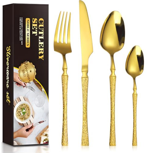 Home Safety Besteckset Golden, 24-teiliges Besteck Set mit Messer Gabel Löffel, Gemischte Tafelbesteck Set aus Edelstahl Hochwertige Spiegelpoliertes Design, Besteckkoffer Set mit Geschenkbox