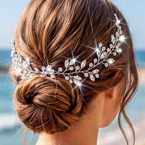 EARENT Braut-Haarteile mit Strasssteinen, silberfarben, Hochzeitshaarrebe | Silberner Strass-Haarschmuck für Brautjungfern, Kristall-Haarschmuck für Bräute