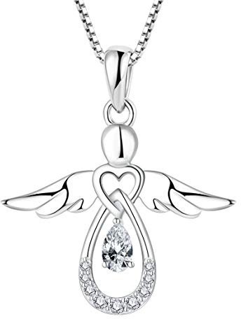 FJ Damen Kette Schutzengel Anhänger Halskette 925 Sterling Silber Engel Kette Zirkonia April Geburtsstein Halskette Schmuck Geschenke für Frauen Mädchen