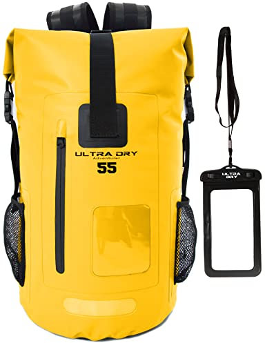 Premium 55L wasserdichter Dry Bag Rucksack, Sack mit Handy-Trockentasche, perfekt für Bootfahren/Kajakfahren/Wandern/Kanufahren/Angeln/Rafting/Schwimmen/Campen/Snowboarden (Gelb, 55 Liter)