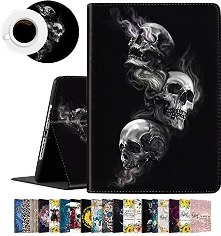 iPad 9,7 2018 6. Generation 2017 5. Pro Air 2 Hülle – Ständer Folio Schutzhülle für Apple Zoll und Untersetzer-Set Rauchender Totenkopf