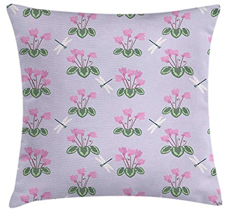 ABAKUHAUS Floral Housse d'oreiller, Cyclamens et Libellules, Taie d'oreiller Décorative Carrée, 45 cm x 45 cm, Pastel Violet et Multicolor
