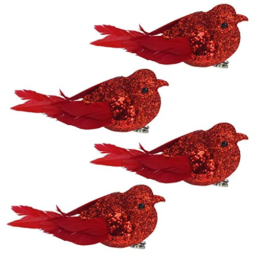Davies 4 Pack 9cm Clip on Glitter Birds Christmas Decoration - Red