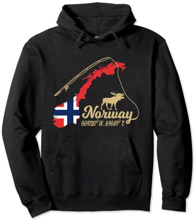 Norwegen Landkarte Angel Elch mit GPS Koordinaten Angelrute Pullover Hoodie