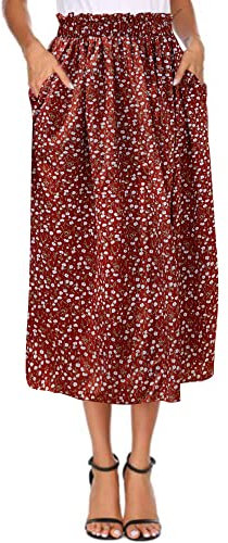 POGTMM Damen Sommer Plissee Rock Elastisch Hohe Taille Midi-Rock Vintage Chiffonrock (Rot,S)