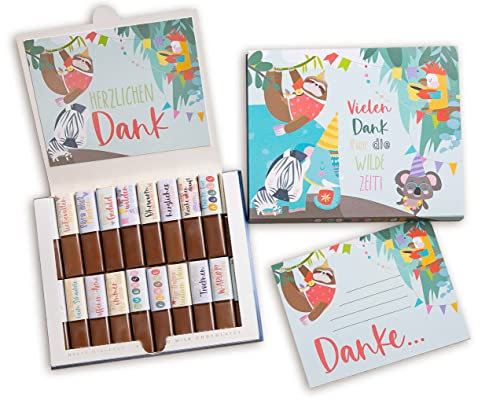Schokoladenseite Aufkleber-Set & Banderole für Merci Schokolade | Abschiedsgeschenk für Erzieher mit vorgedruckten Aufklebern I Geschenk zum Abschied Erzieherin Kita I Inkl. 2 Danke Karten (Wild)