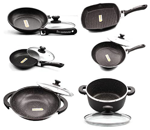 Schumann Professionnel - Lot 3 Pôeles 20/24/28cm - Wok 32cm - Grill & Faitout 28cm - Compatibles Tous feux dont Induction - Fonte d'Aluminium Sans PFOA - Manches Amovibles Silicone - Couvercle Inclus