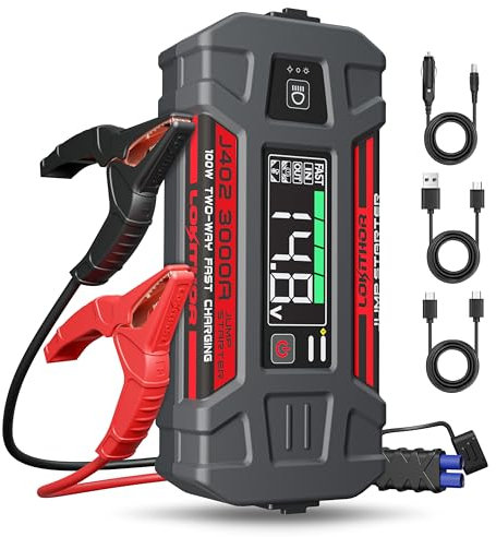 LOKITHOR J402 Jump Starter 3000A 12V 24000Amh Portable Lithium Car Battery Booster Pack for Upto 9.0L Gas and 7.0L Diesel Engines, Jump box and Jumper Cables, 100W Fast Charging, Smart Digital Screen