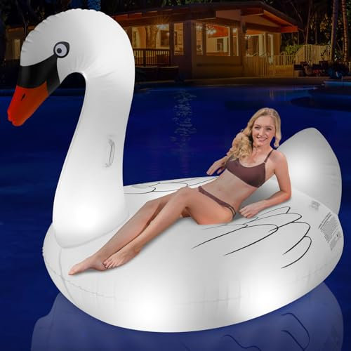 Big Swan – Flotteurs de piscine gonflables à énergie solaire en forme de flamant rose pour adultes avec lumières LED à changement de couleur, grand flotteur gonflable de 175,7 cm avec porte-gobelet